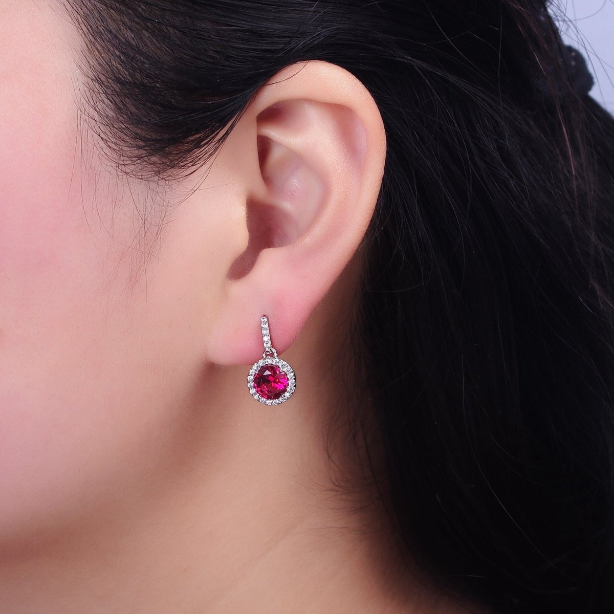 White Gold Filled Red CZ Round Micro Paved CZ French Hook Earrings | AD1524 - DLUXCA