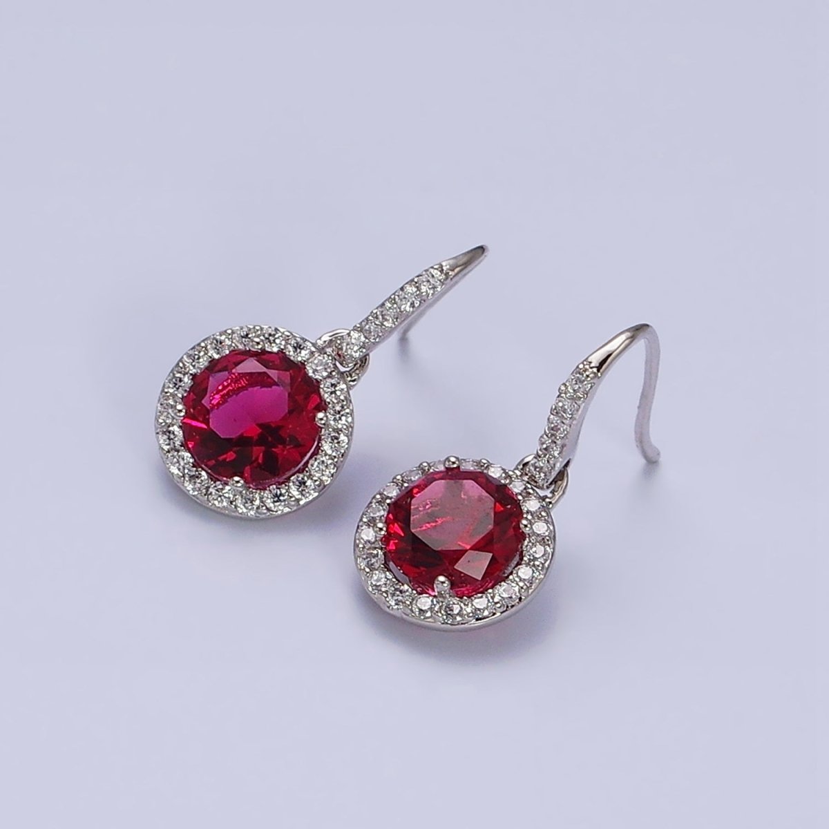 White Gold Filled Red CZ Round Micro Paved CZ French Hook Earrings | AD1524 - DLUXCA