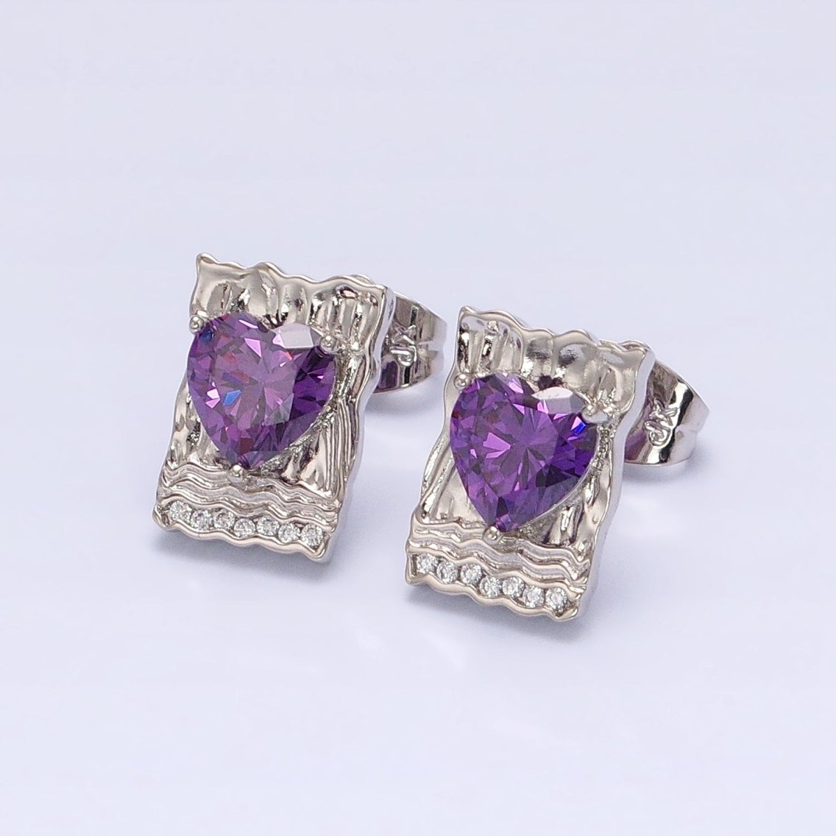 White Gold Filled Red, Purple, Pink Heart CZ Hammered Micro Paved Bar Stud Earrings | AD1412 - AD1414