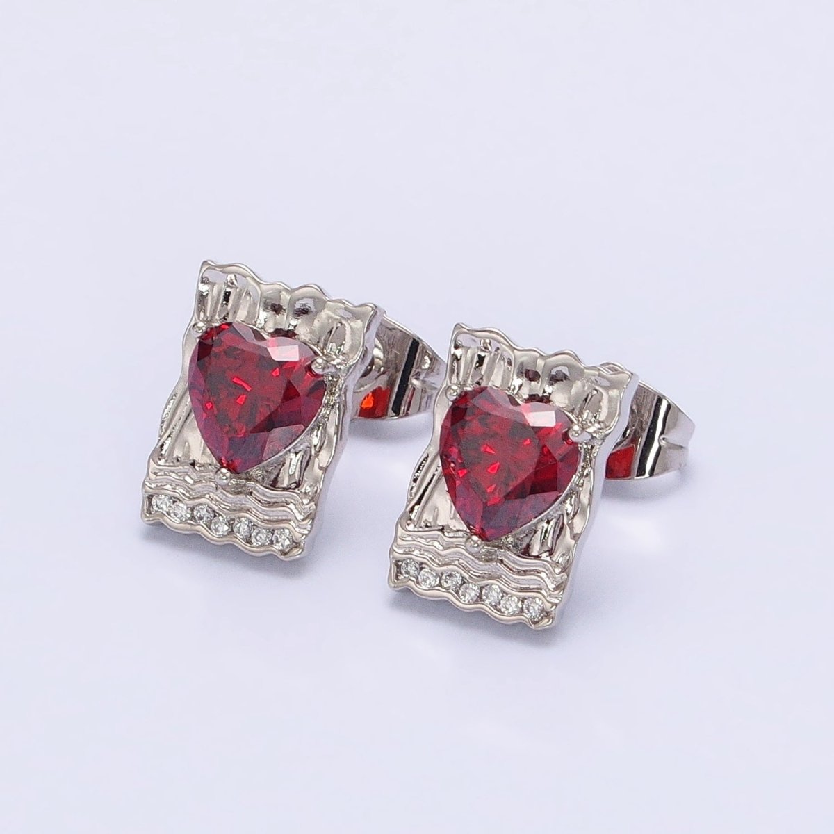 White Gold Filled Red, Purple, Pink Heart CZ Hammered Micro Paved Bar Stud Earrings | AD1412 - AD1414