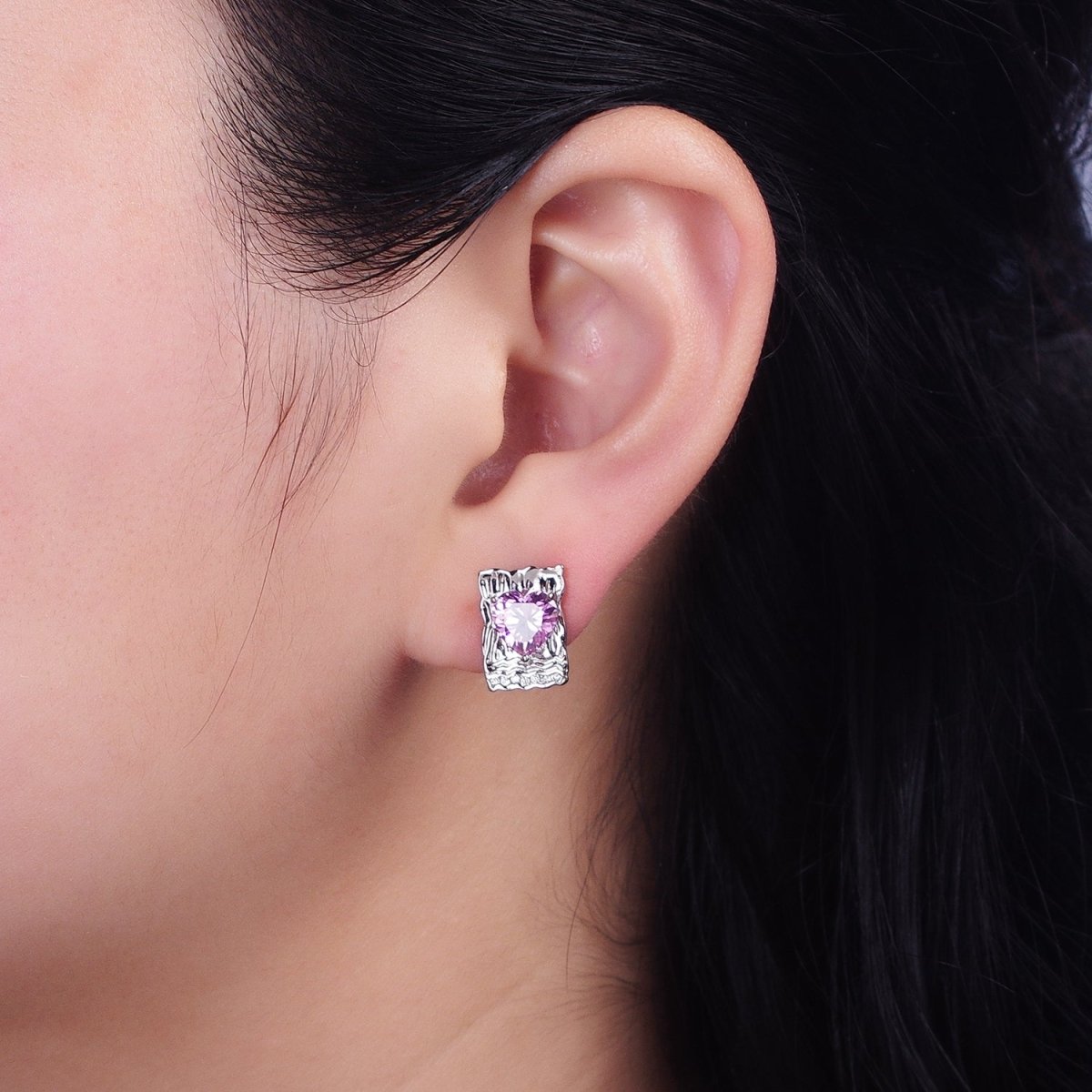 White Gold Filled Red, Purple, Pink Heart CZ Hammered Micro Paved Bar Stud Earrings | AD1412 - AD1414