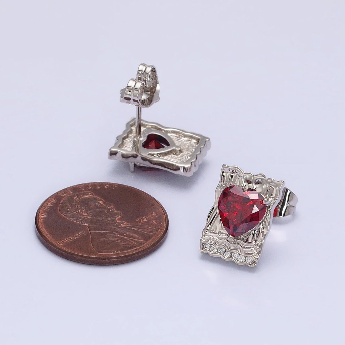 White Gold Filled Red, Purple, Pink Heart CZ Hammered Micro Paved Bar Stud Earrings | AD1412 - AD1414