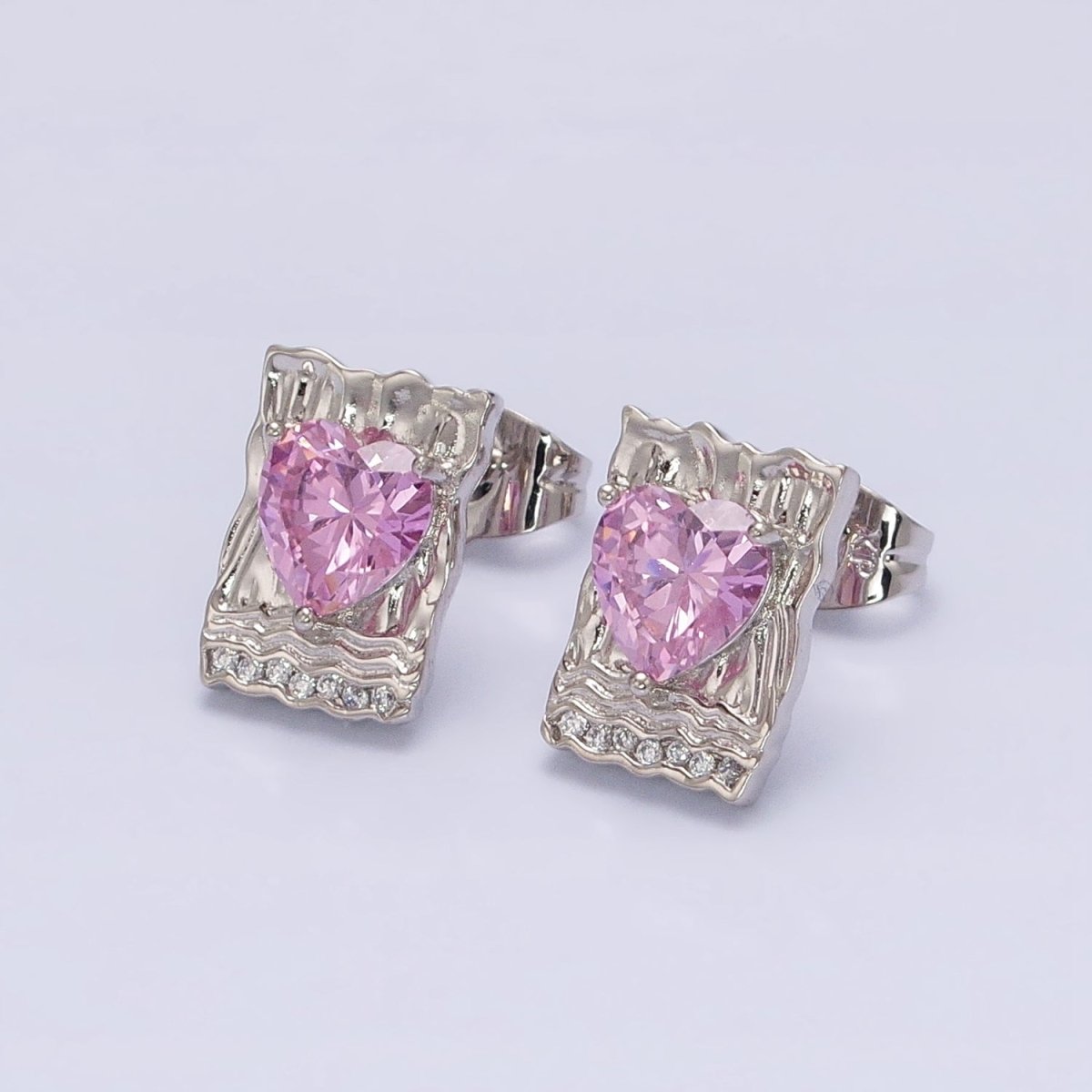 White Gold Filled Red, Purple, Pink Heart CZ Hammered Micro Paved Bar Stud Earrings | AD1412 - AD1414