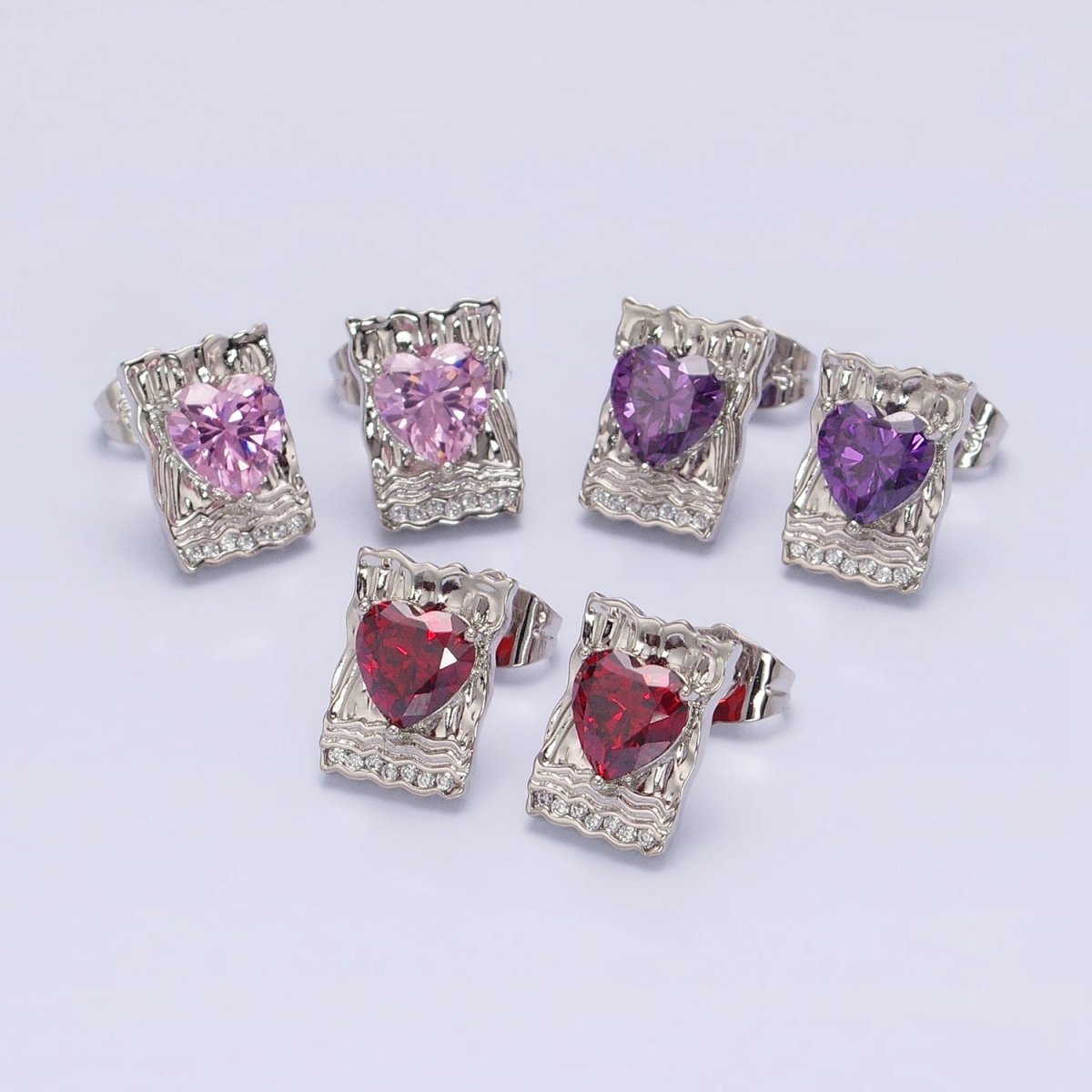 White Gold Filled Red, Purple, Pink Heart CZ Hammered Micro Paved Bar Stud Earrings | AD1412 - AD1414