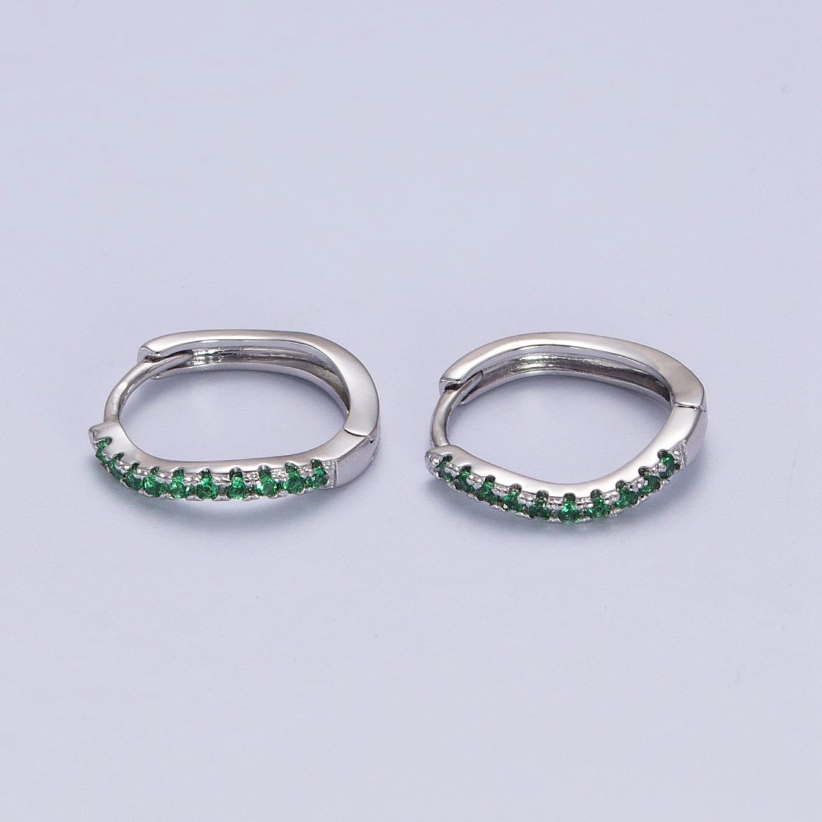 White Gold Filled Rhombus Huggie Green Micro Paved CZ Lined Hoop Earrings P-498 - DLUXCA