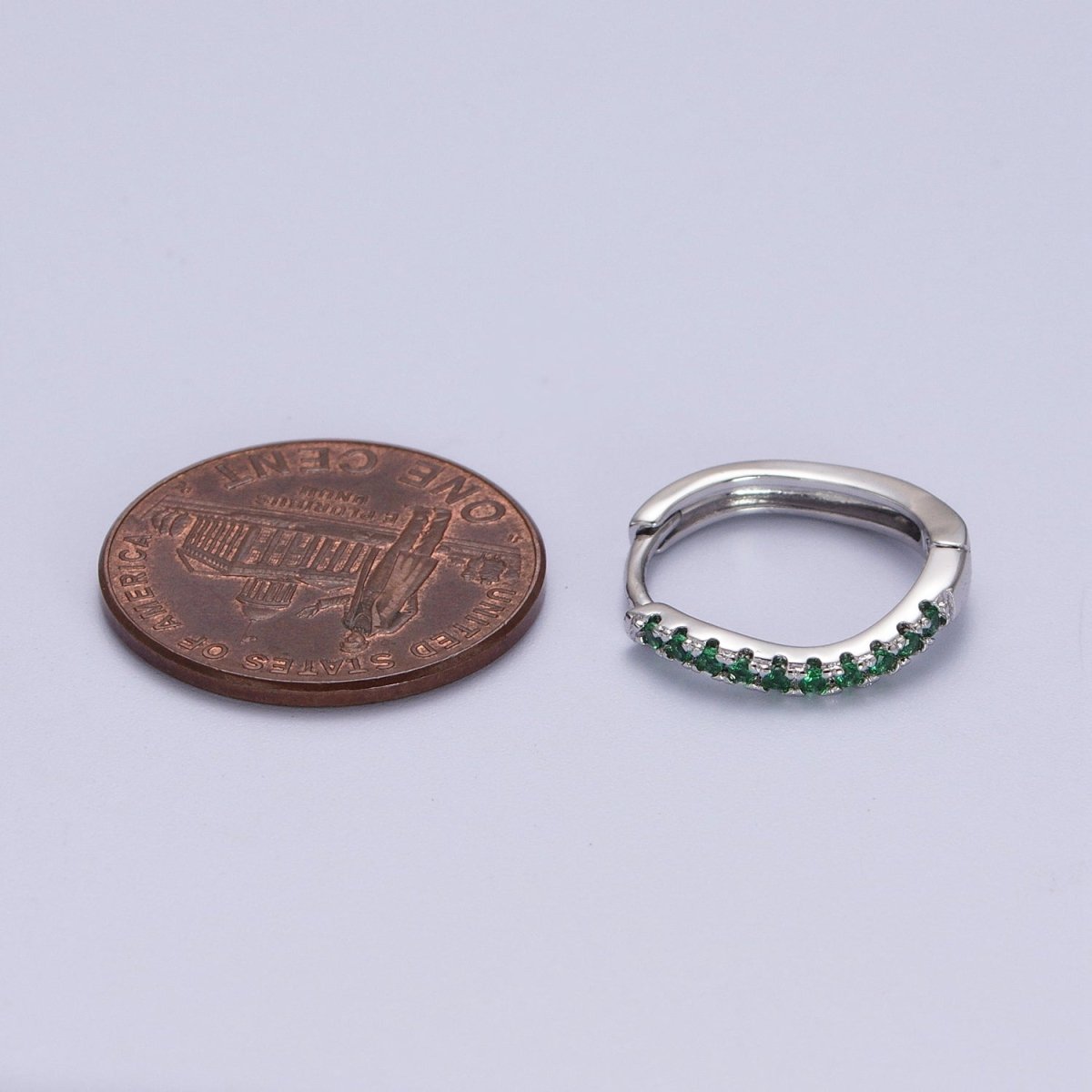 White Gold Filled Rhombus Huggie Green Micro Paved CZ Lined Hoop Earrings P-498 - DLUXCA