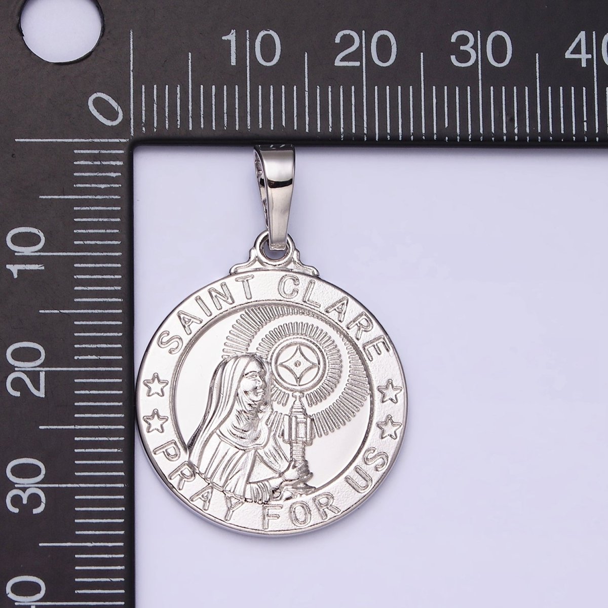 White Gold Filled "SAINT CLARE PRAY FOR US" Double Sided Miracle Prayer Round Pendant | AA519 - DLUXCA