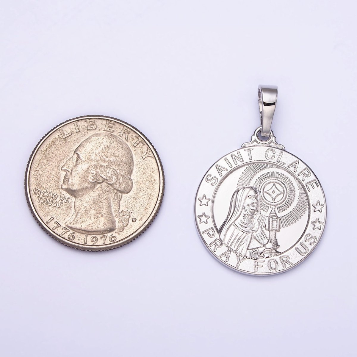White Gold Filled "SAINT CLARE PRAY FOR US" Double Sided Miracle Prayer Round Pendant | AA519 - DLUXCA