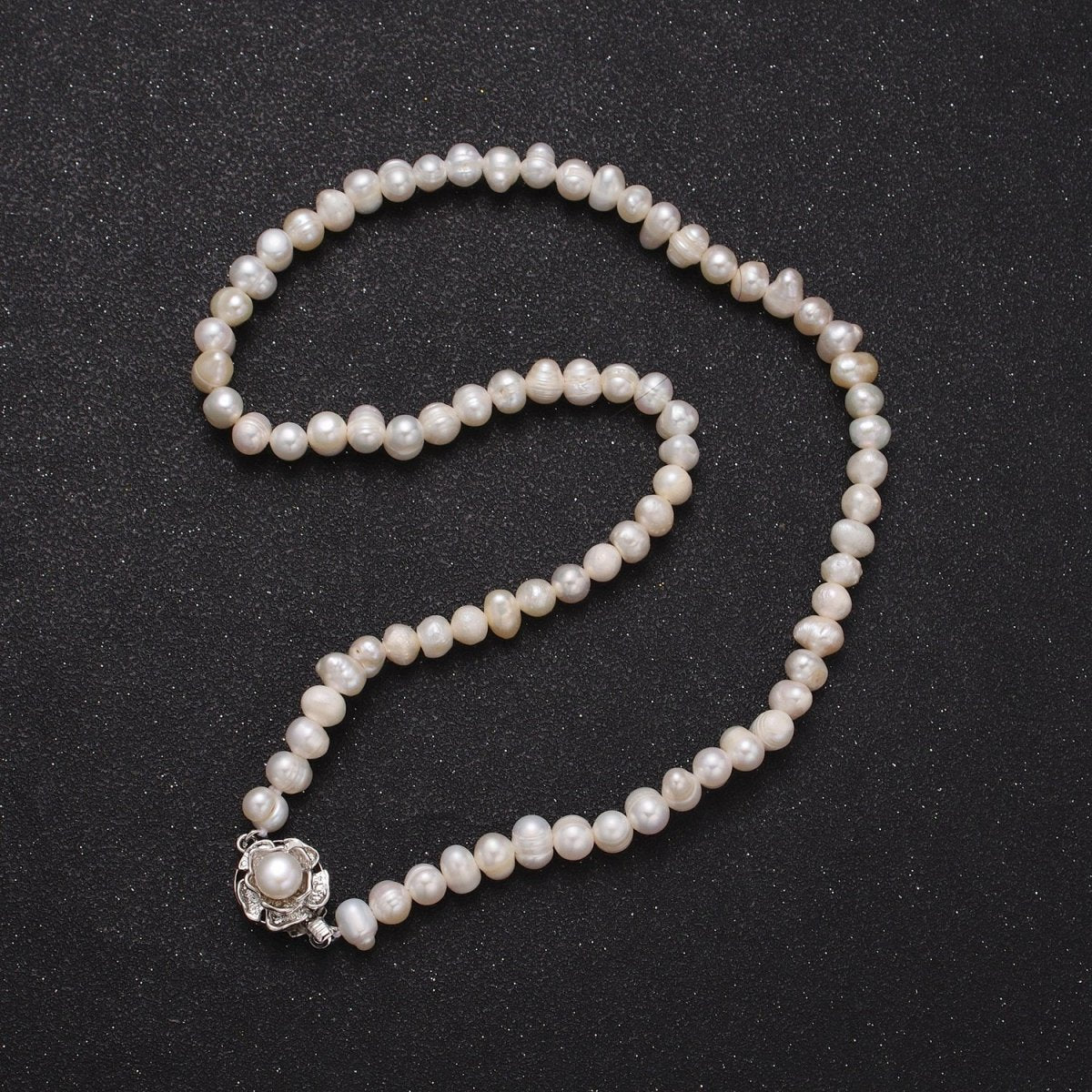 White Gold Filled Silver Flower Statement Freshwater Pearl 16.5 Inch Choker Necklace | WA-1181 Clearance Pricing