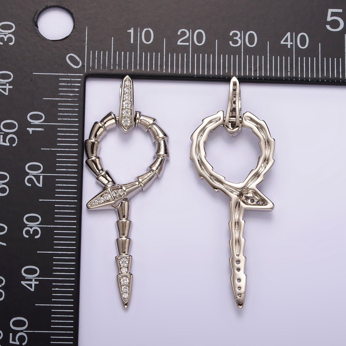 White Gold Filled Snake Serpent Circular Lined Staff Micro Paved Bail Pendant | AA1122 - DLUXCA