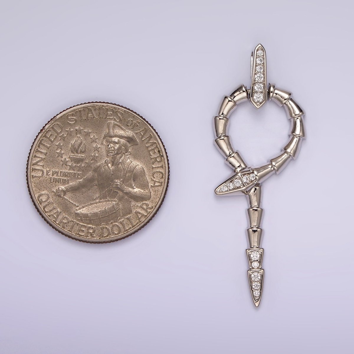 White Gold Filled Snake Serpent Circular Lined Staff Micro Paved Bail Pendant | AA1122 - DLUXCA