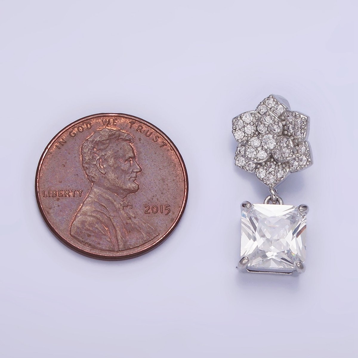 White Gold Filled Square CZ Drop Micro Paved Flower Pendant | AA1169 - DLUXCA