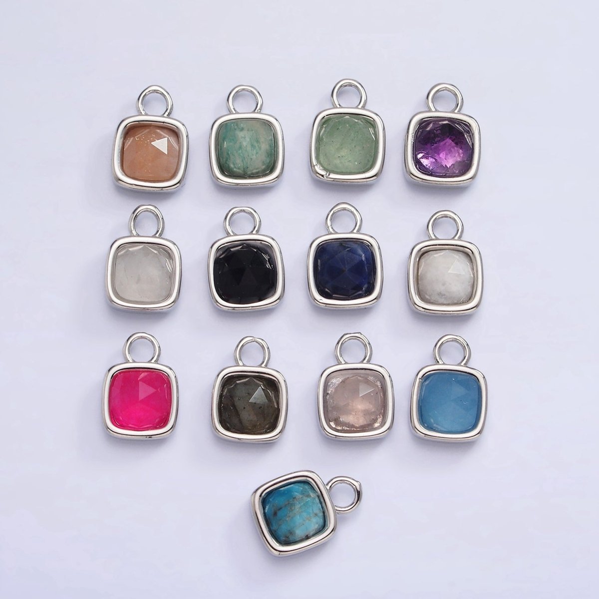 White Gold Filled Square Multifaceted Natural Gemstone Personalized Add-On Silver Charm | AC1530 - AC1542