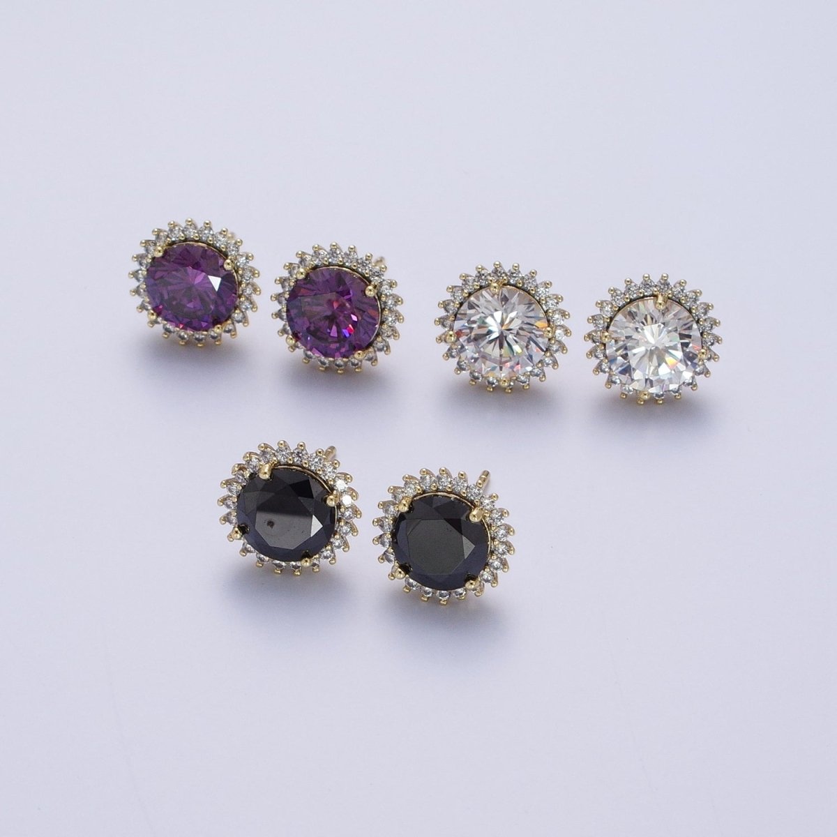 White Gold Filled Star Celestial Sunburst Sun Black Clear Purple Cubic Zirconia Silver Studs Earrings | AD-043 AD-044 AD-045