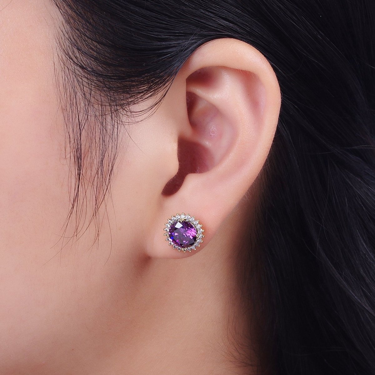 White Gold Filled Star Celestial Sunburst Sun Black Clear Purple Cubic Zirconia Silver Studs Earrings | AD-043 AD-044 AD-045
