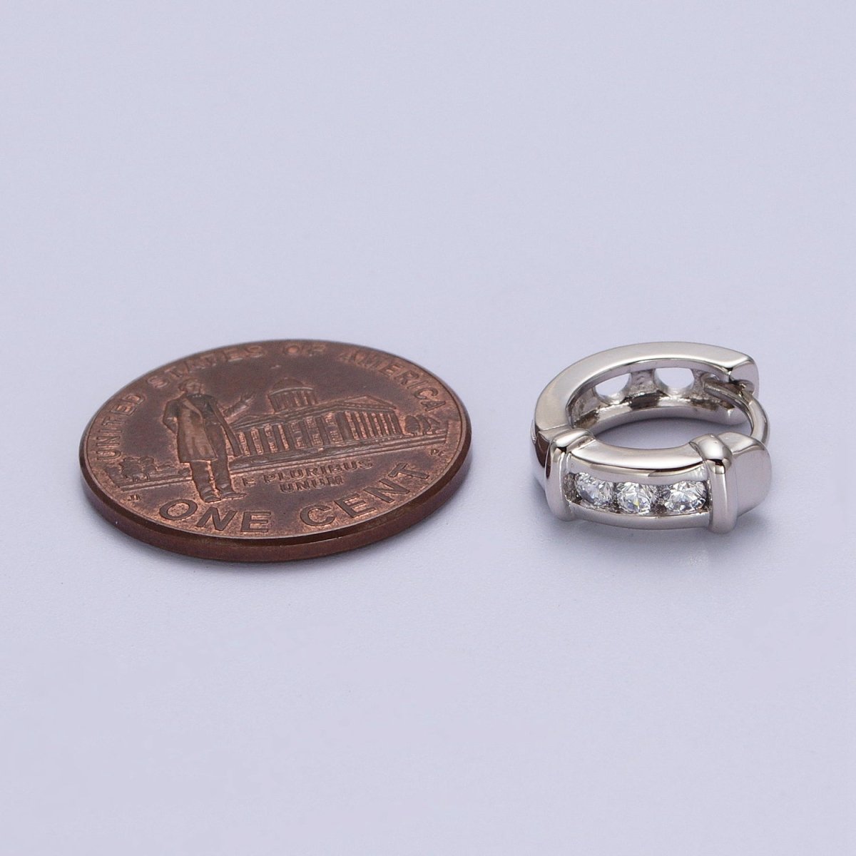 White Gold Filled Three Clear Round CZ Lined Bar Silver Huggie Earrings | AB013 - DLUXCA