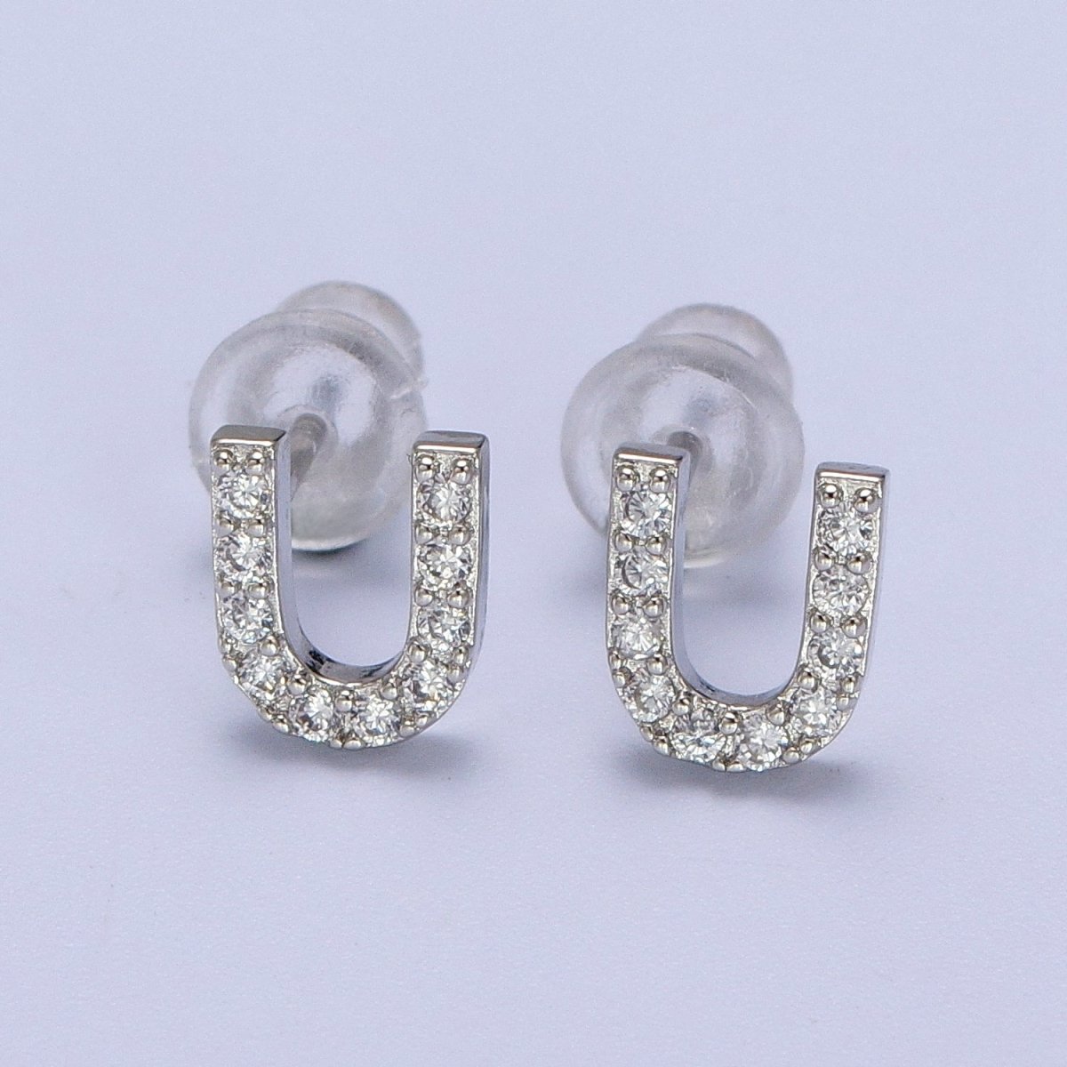 White Gold Filled Tiny Initial Letter Diamond CZ Silver Stud Earrings | AD-120-AD-145