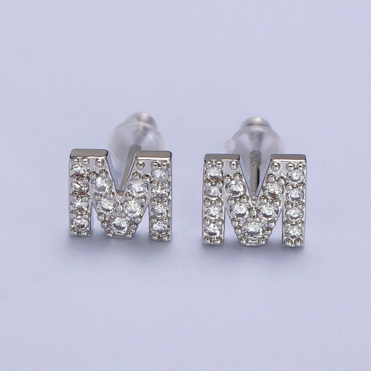 White Gold Filled Tiny Initial Letter Diamond CZ Silver Stud Earrings | AD-120-AD-145