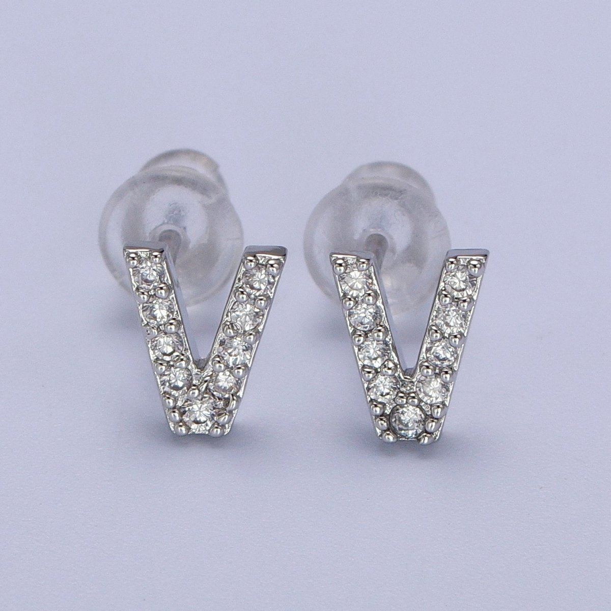 White Gold Filled Tiny Initial Letter Diamond CZ Silver Stud Earrings | AD-120-AD-145
