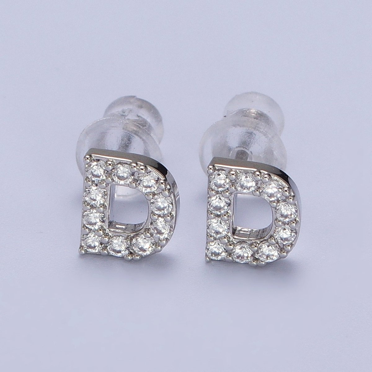 White Gold Filled Tiny Initial Letter Diamond CZ Silver Stud Earrings | AD-120-AD-145