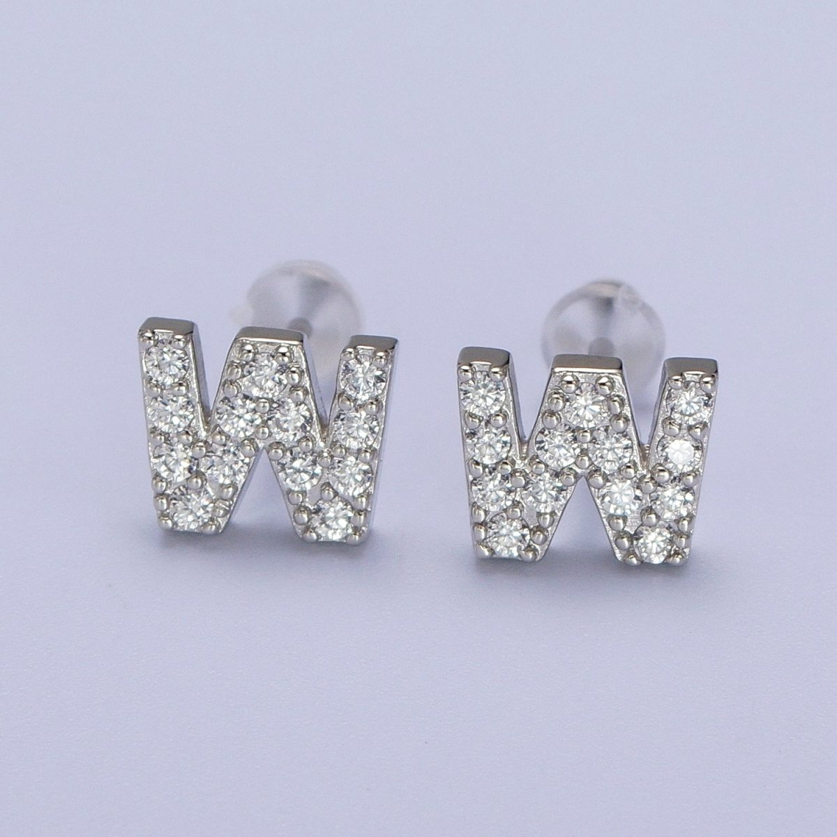 White Gold Filled Tiny Initial Letter Diamond CZ Silver Stud Earrings | AD-120-AD-145