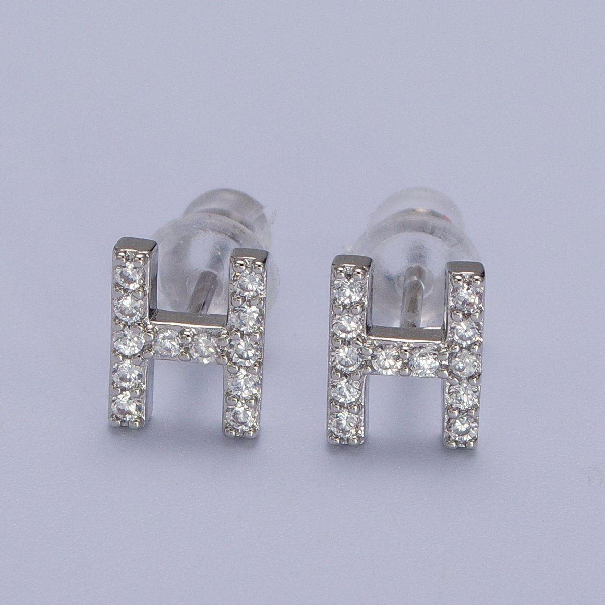 White Gold Filled Tiny Initial Letter Diamond CZ Silver Stud Earrings | AD-120-AD-145