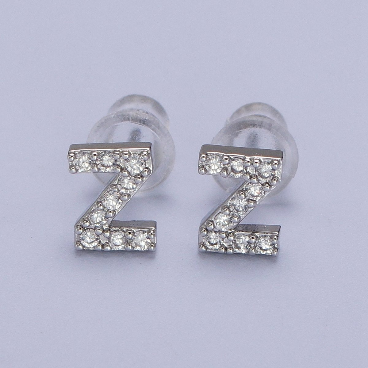 White Gold Filled Tiny Initial Letter Diamond CZ Silver Stud Earrings | AD-120-AD-145