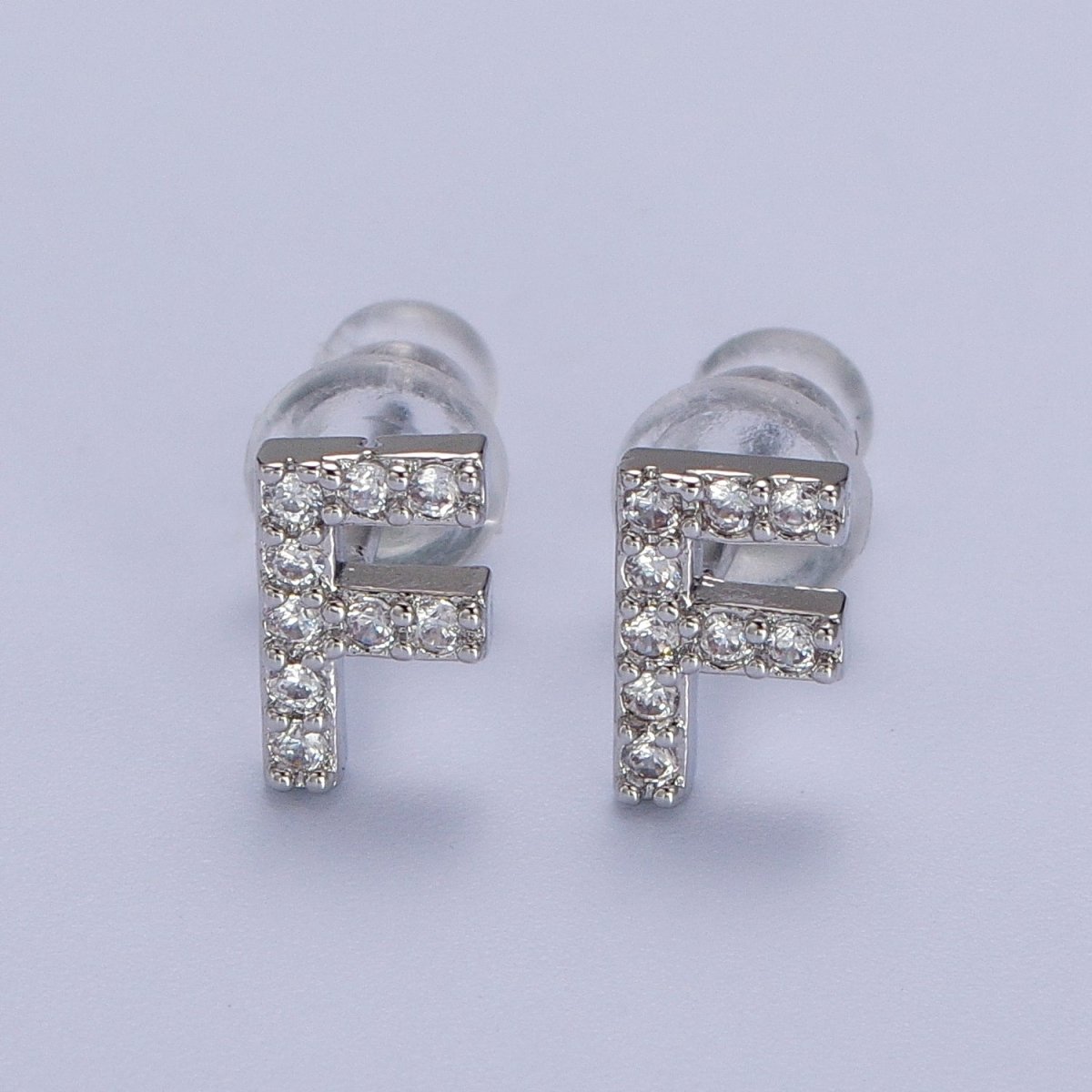 White Gold Filled Tiny Initial Letter Diamond CZ Silver Stud Earrings | AD-120-AD-145
