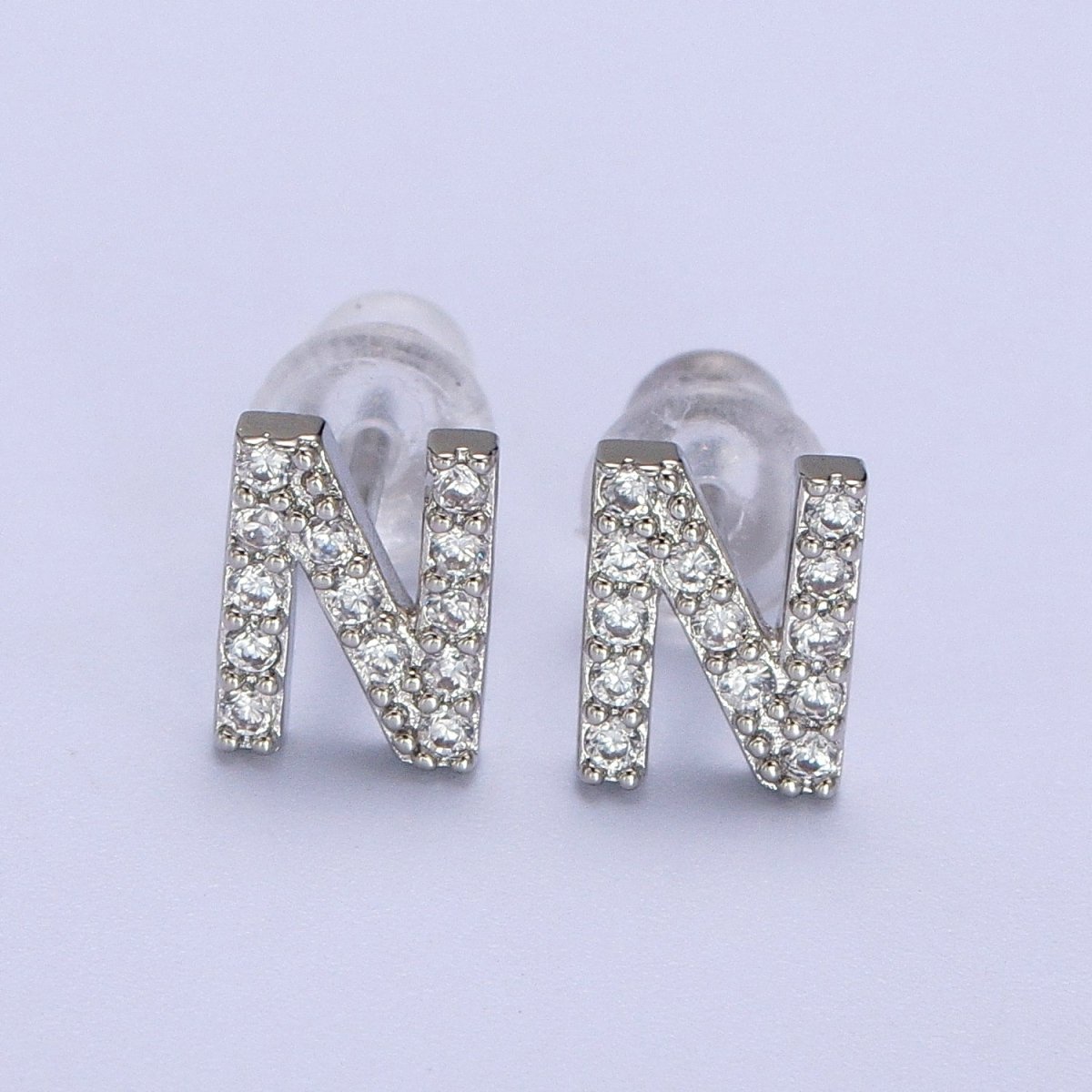 White Gold Filled Tiny Initial Letter Diamond CZ Silver Stud Earrings | AD-120-AD-145