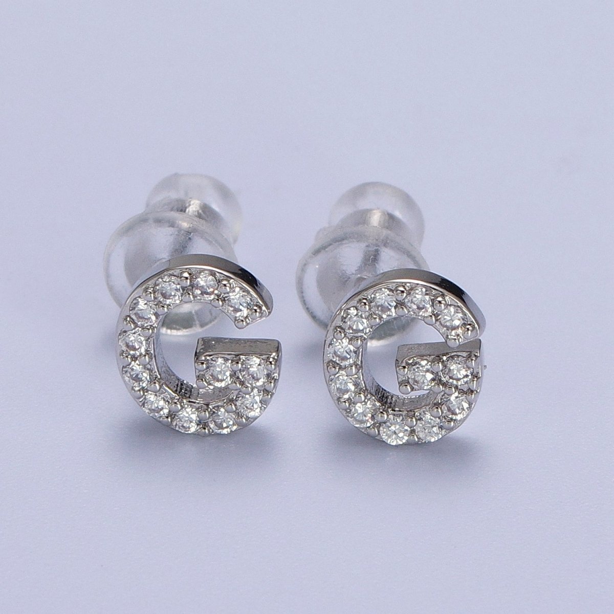 White Gold Filled Tiny Initial Letter Diamond CZ Silver Stud Earrings | AD-120-AD-145
