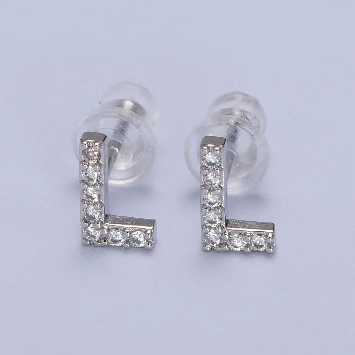 White Gold Filled Tiny Initial Letter Diamond CZ Silver Stud Earrings | AD-120-AD-145
