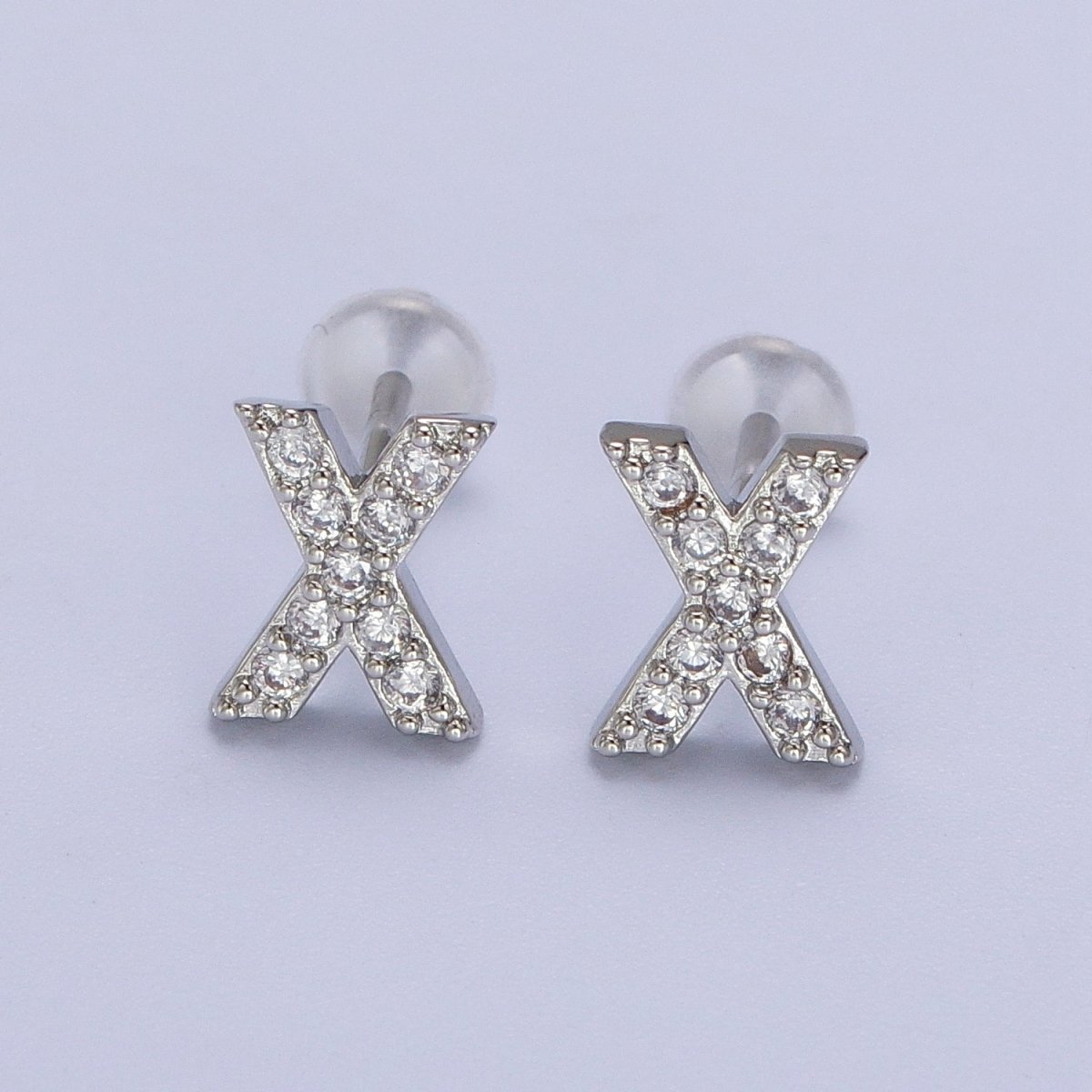 White Gold Filled Tiny Initial Letter Diamond CZ Silver Stud Earrings | AD-120-AD-145