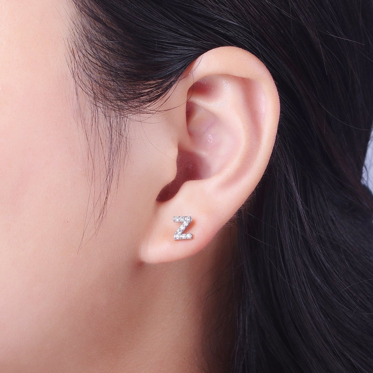 White Gold Filled Tiny Initial Letter Diamond CZ Silver Stud Earrings | AD-120-AD-145