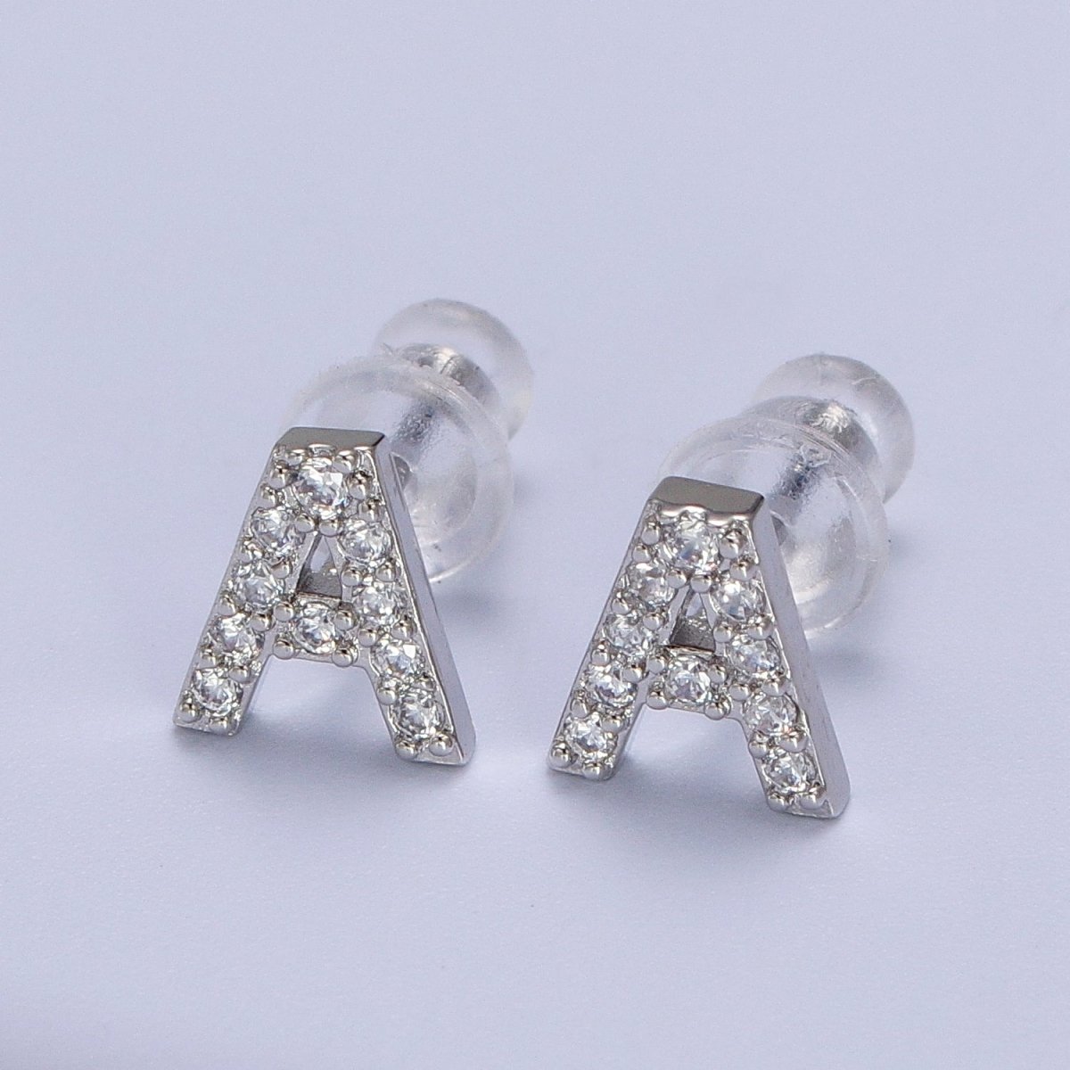 White Gold Filled Tiny Initial Letter Diamond CZ Silver Stud Earrings | AD-120-AD-145