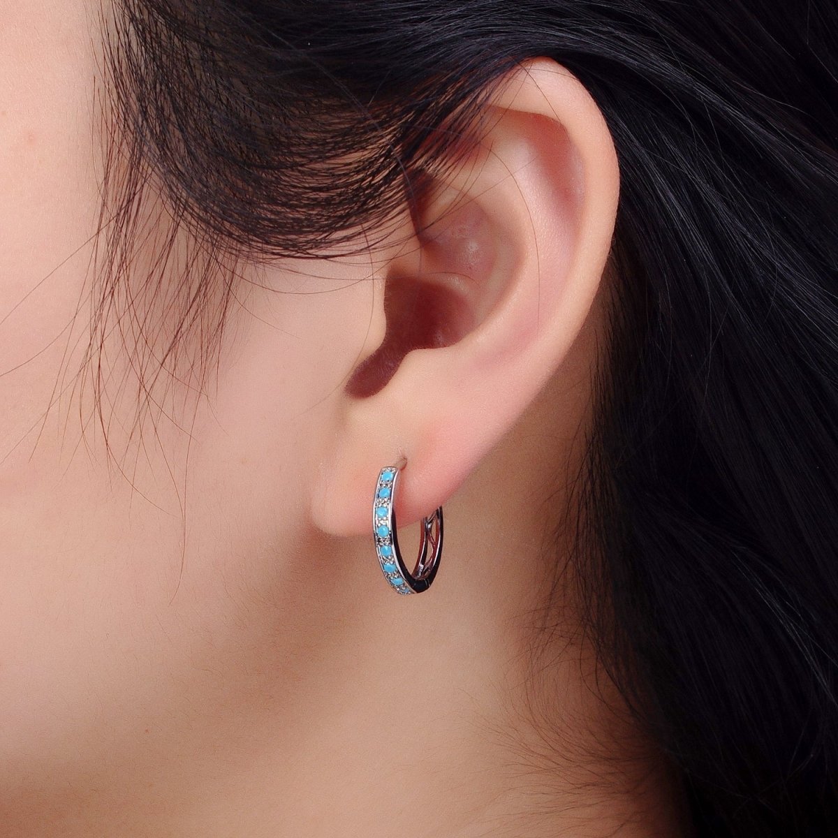 White Gold Filled Turquoise Micro Paved 17mm Endless Hoop Earrings | AB1040 - DLUXCA