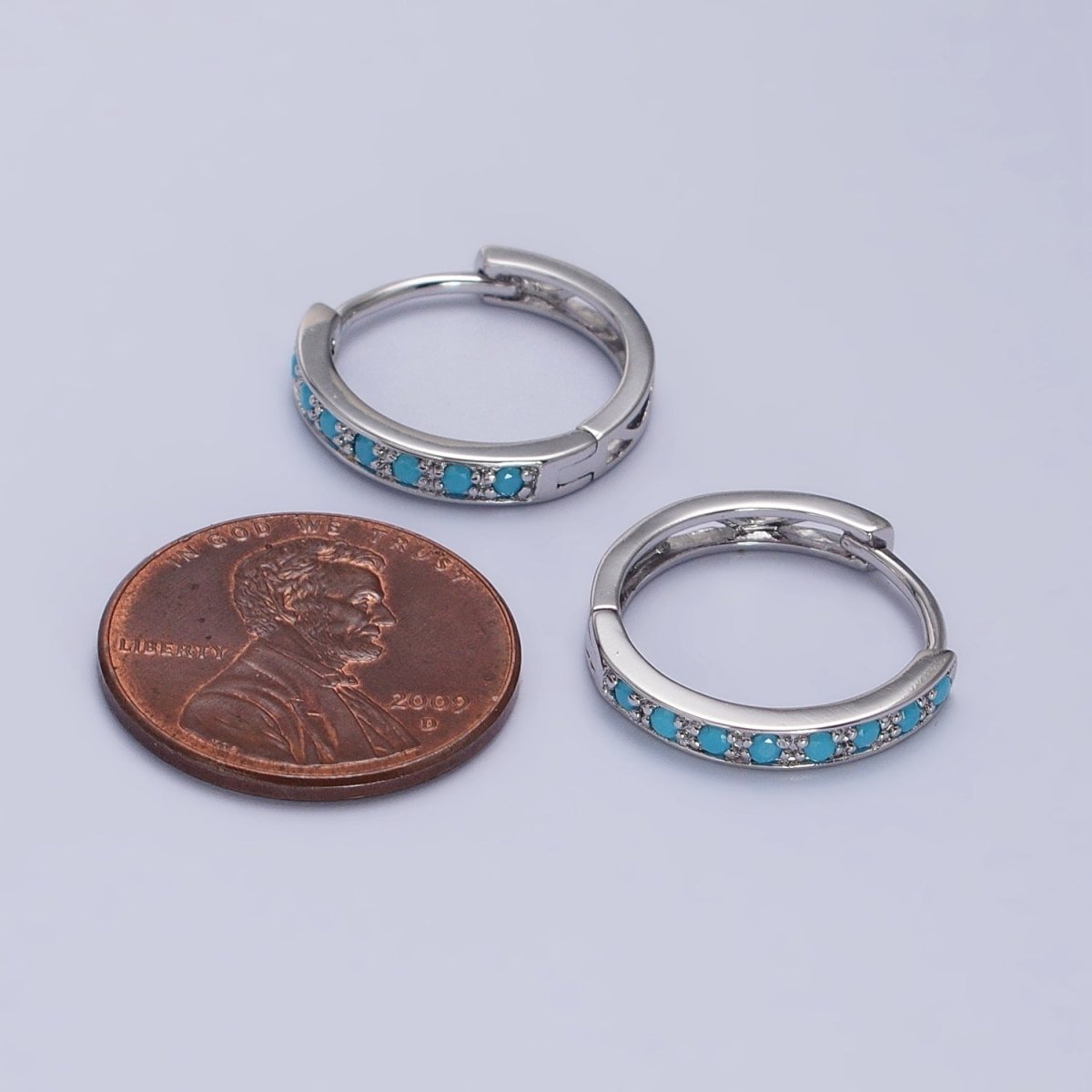 White Gold Filled Turquoise Micro Paved 17mm Endless Hoop Earrings | AB1040 - DLUXCA