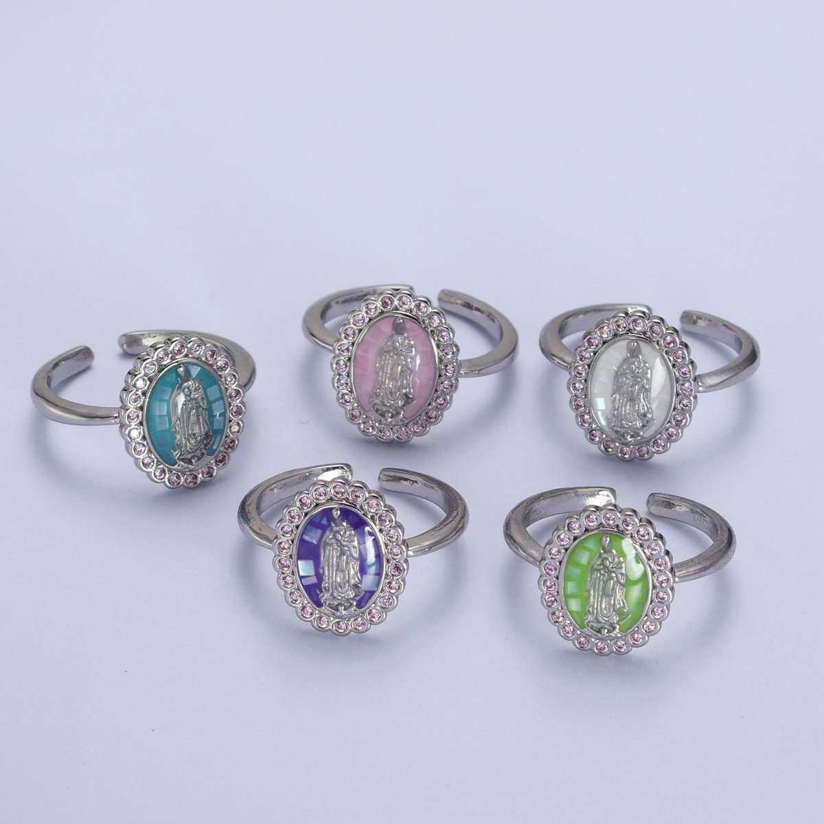 White Gold Filled Virgin Mother Mary White, Green,  Pink, Blue, Purple Shell Opal Silver Ring | O-205~O-209