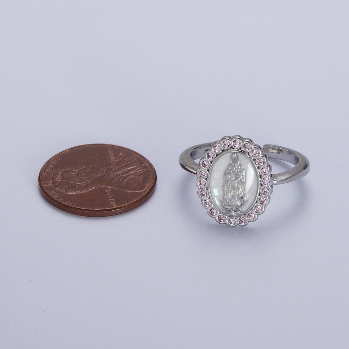 White Gold Filled Virgin Mother Mary White, Green,  Pink, Blue, Purple Shell Opal Silver Ring | O-205~O-209