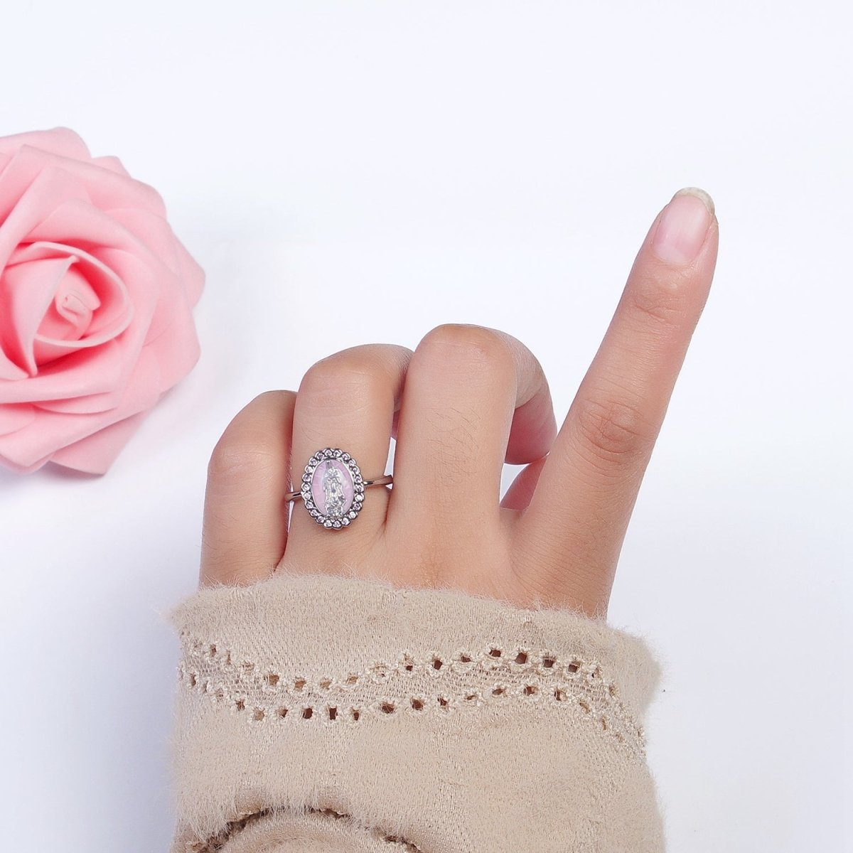 White Gold Filled Virgin Mother Mary White, Green,  Pink, Blue, Purple Shell Opal Silver Ring | O-205~O-209