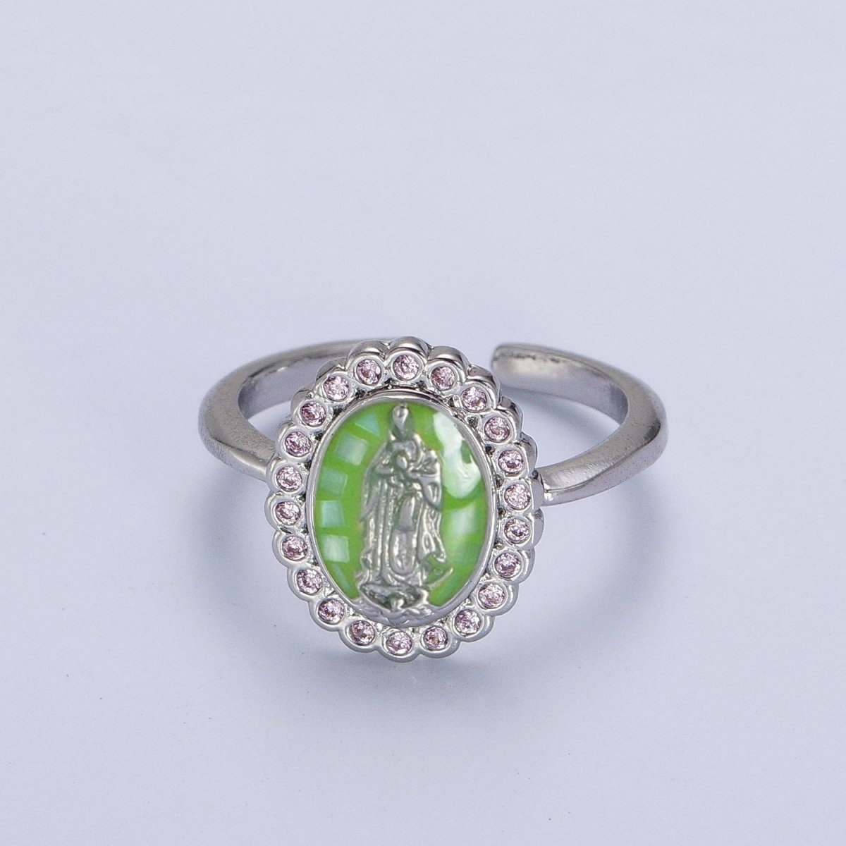 White Gold Filled Virgin Mother Mary White, Green,  Pink, Blue, Purple Shell Opal Silver Ring | O-205~O-209