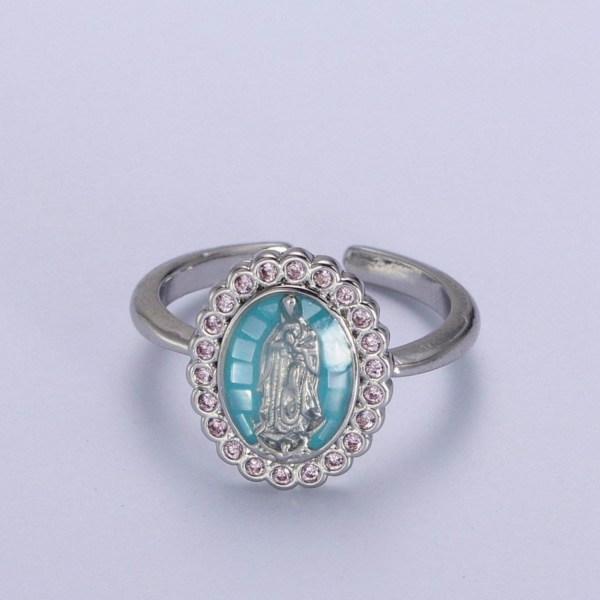 White Gold Filled Virgin Mother Mary White, Green,  Pink, Blue, Purple Shell Opal Silver Ring | O-205~O-209