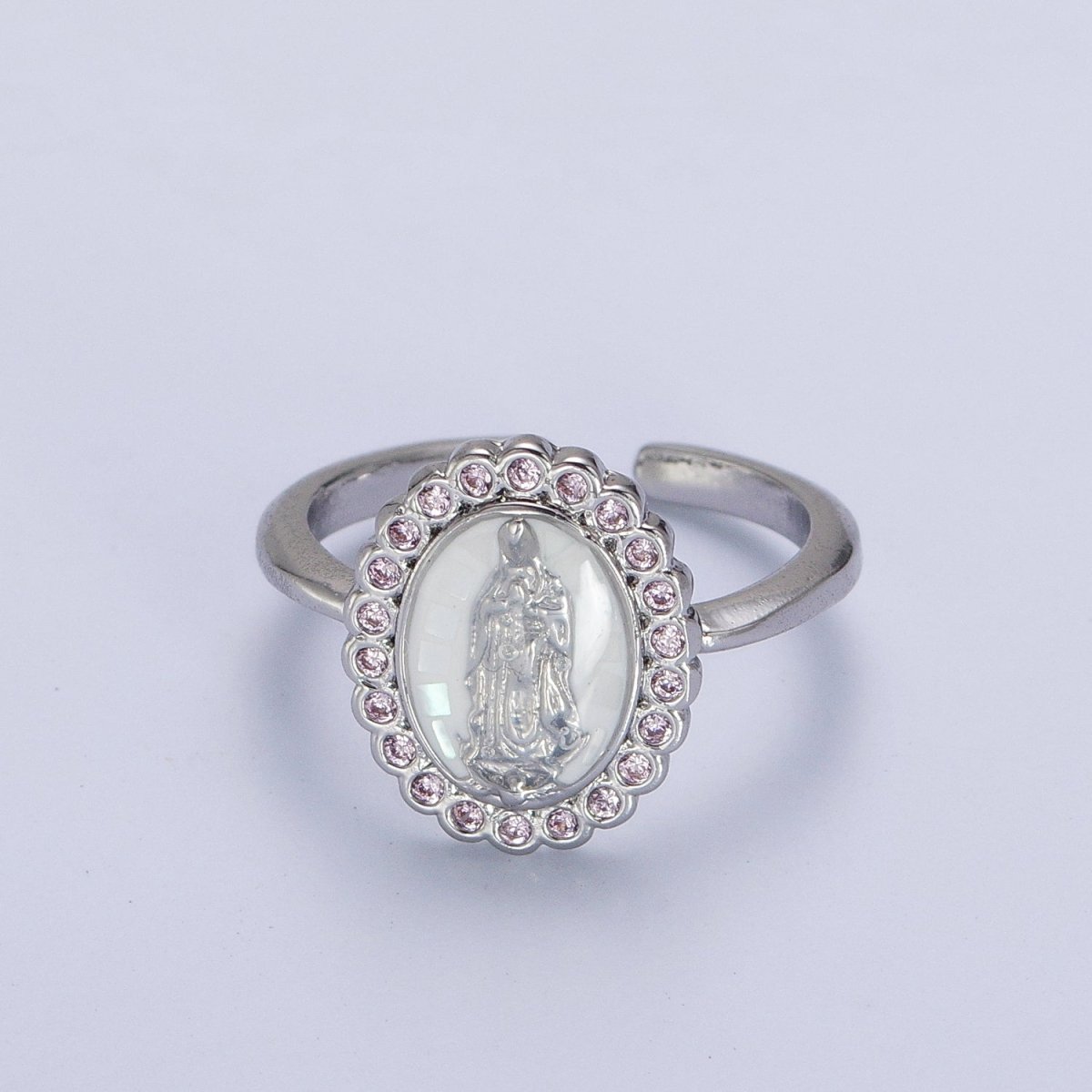 White Gold Filled Virgin Mother Mary White, Green,  Pink, Blue, Purple Shell Opal Silver Ring | O-205~O-209