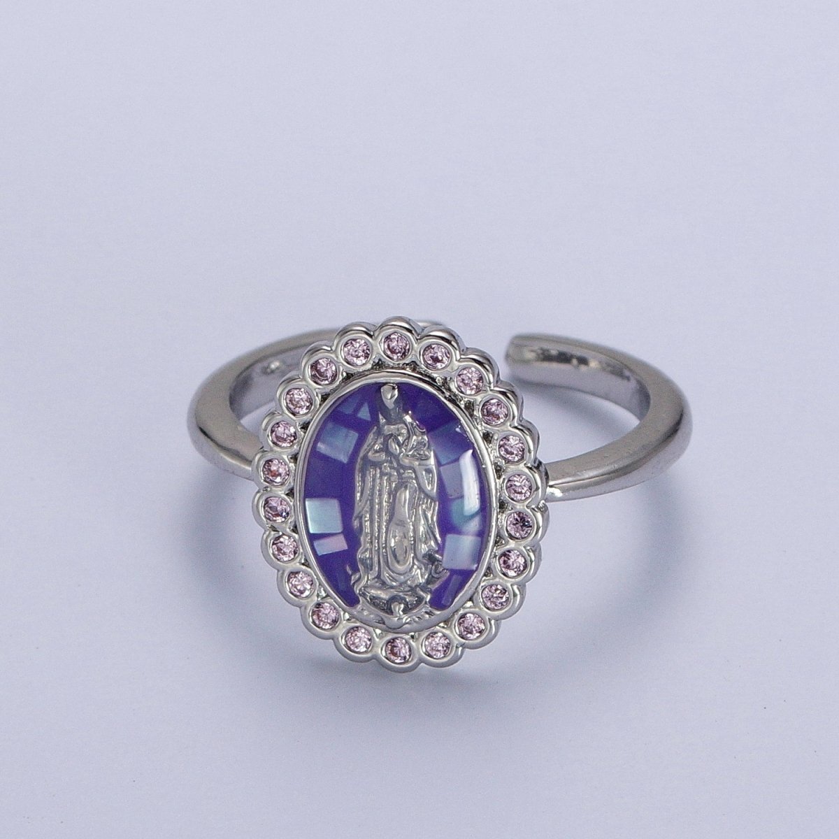 White Gold Filled Virgin Mother Mary White, Green,  Pink, Blue, Purple Shell Opal Silver Ring | O-205~O-209