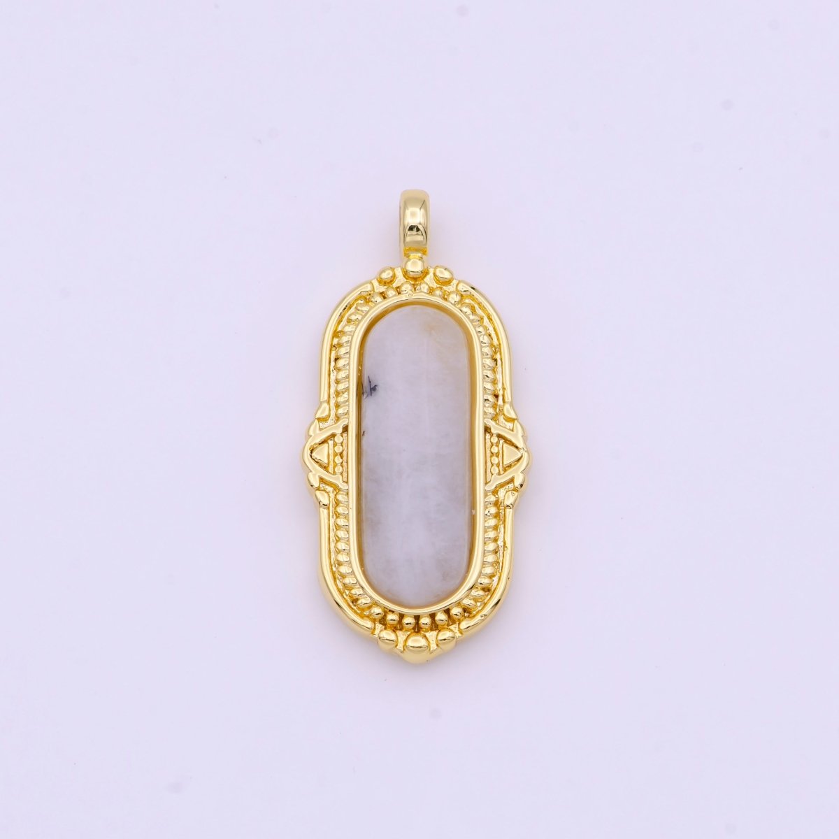 White / Green Natural Moonstone Rectangular Textured Gold Pendant H-003 H-078