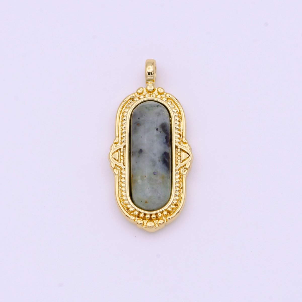 White / Green Natural Moonstone Rectangular Textured Gold Pendant H-003 H-078