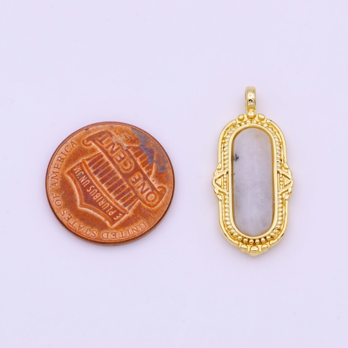 White / Green Natural Moonstone Rectangular Textured Gold Pendant H-003 H-078