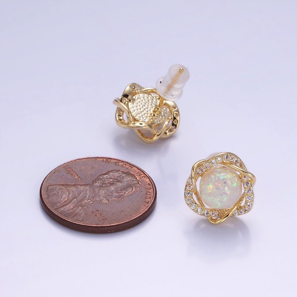 White Opal Curved Micro Paved Band Round Stud Earrings in Gold & Silver | V518