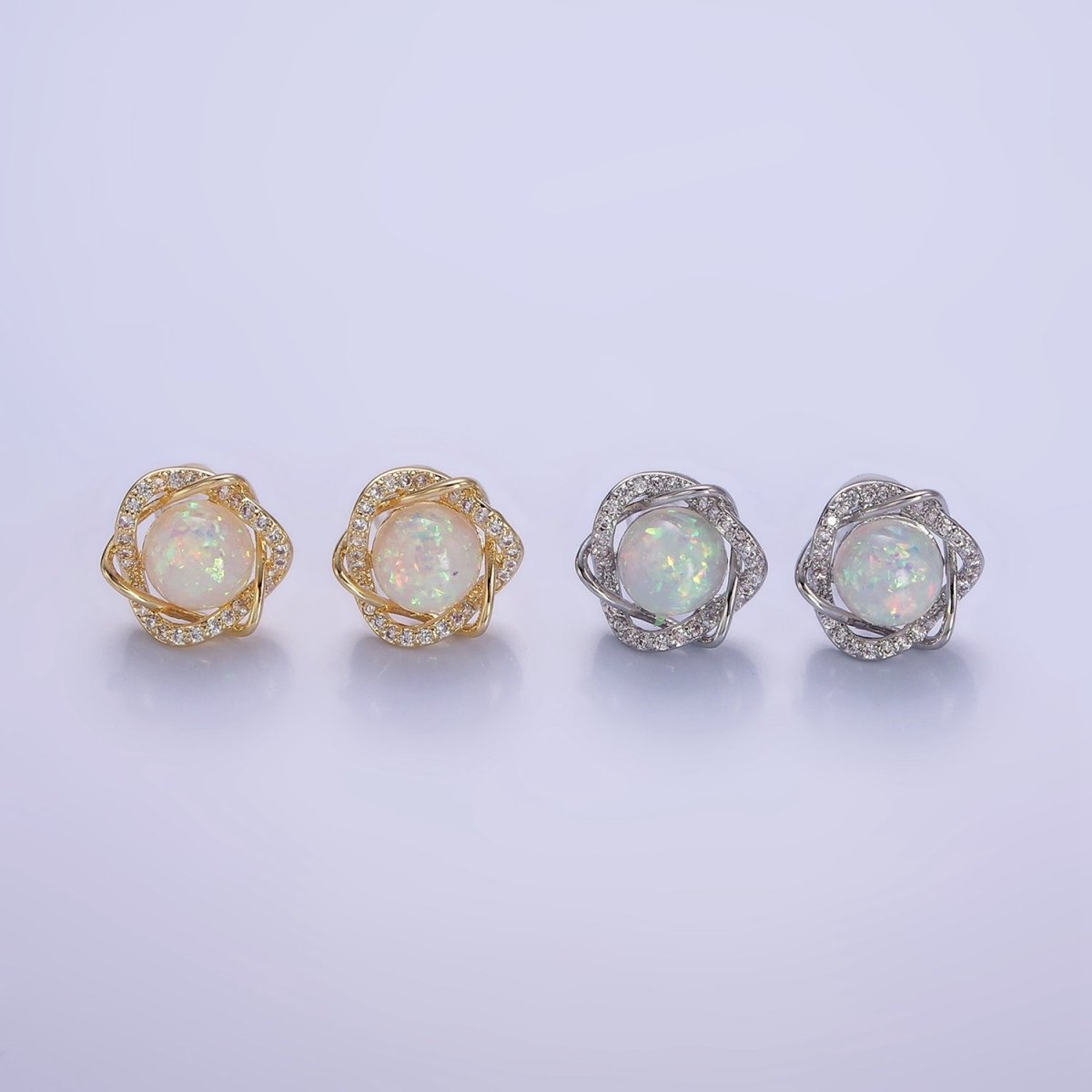 White Opal Curved Micro Paved Band Round Stud Earrings in Gold & Silver | V518
