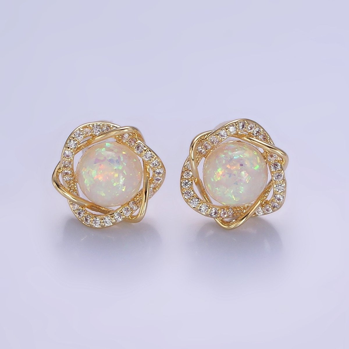 White Opal Curved Micro Paved Band Round Stud Earrings in Gold & Silver | V518