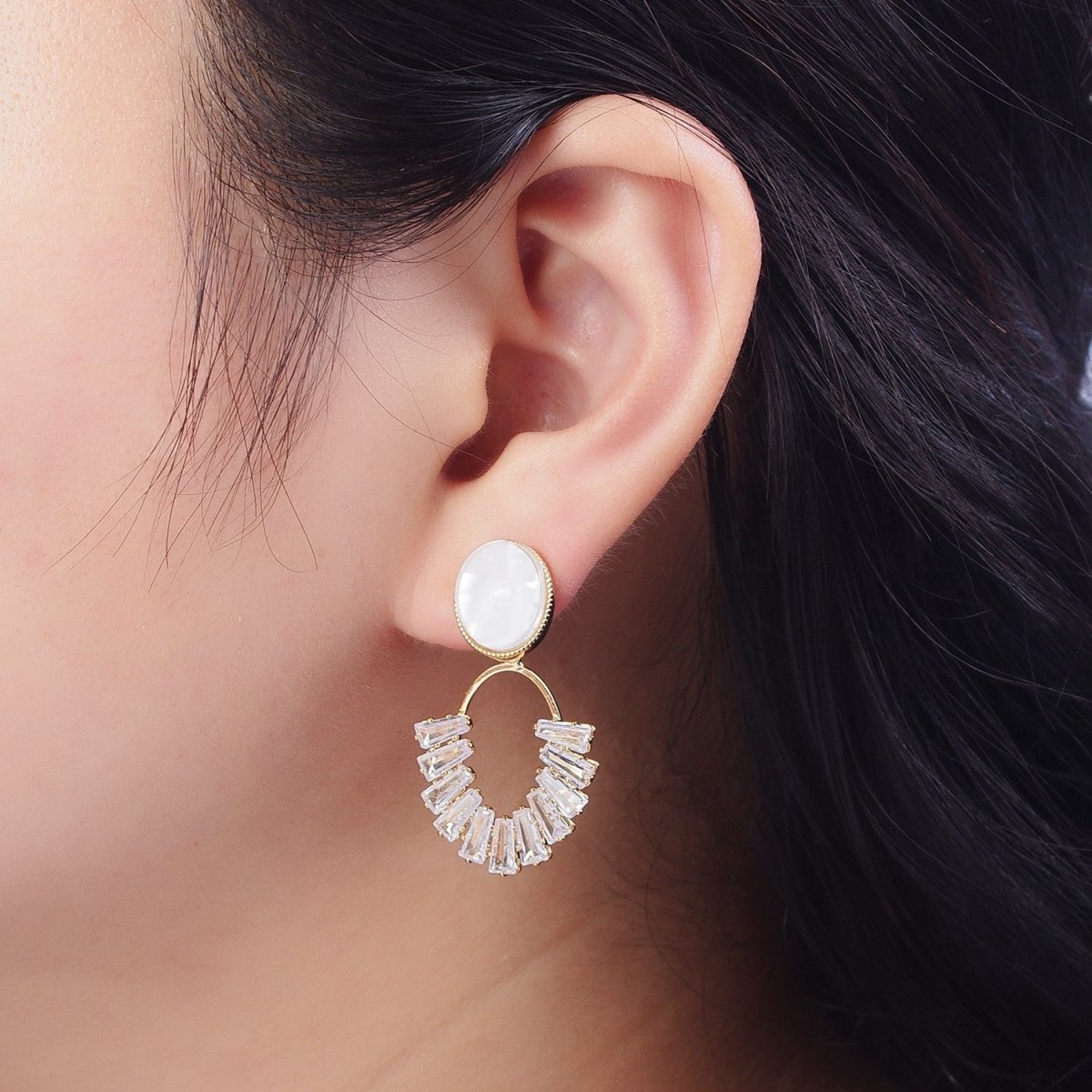 White Opal Oval with Baguette Cubic Zirconia Drop Gold Stud Earrings | X-883 - DLUXCA